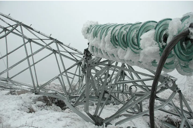 2008年，因线路覆冰而被拉倒的输电铁塔。（资料图）