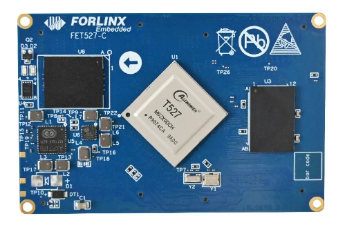 T527核心板正面视图，展示板对板连接器和主要元器件布局