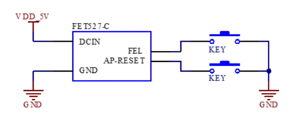 T527最小系统原理图示意图，展示5V电源输入和基本启动配置